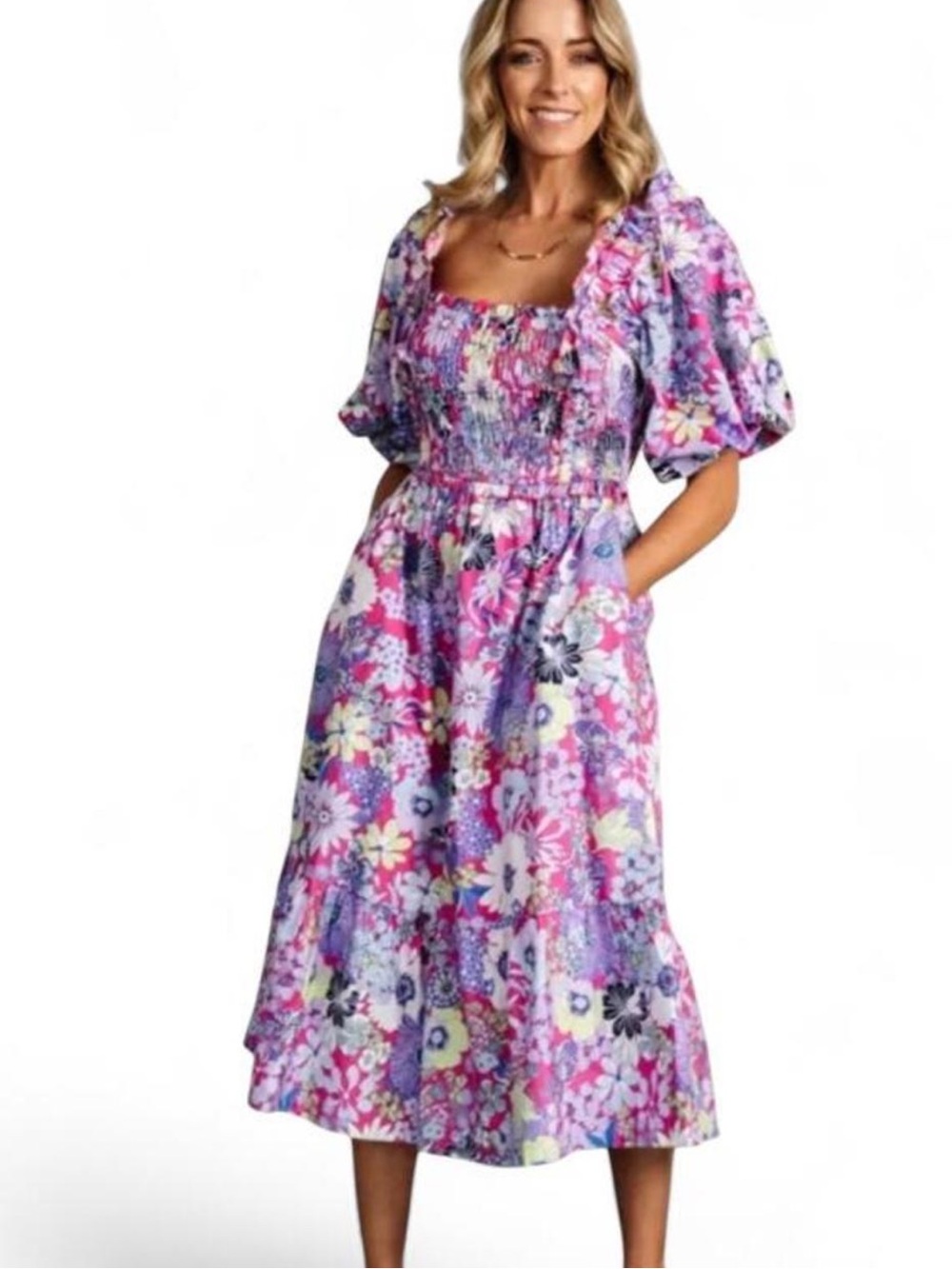 Listicle Pink & Purple Floral Puff-Sleeve Smocked Dress